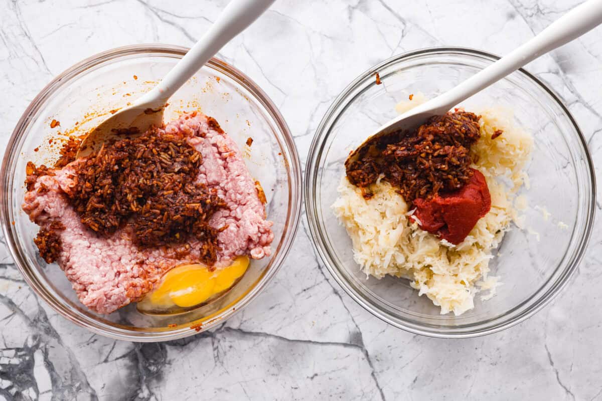 Overhead shot of two mixing bowls with different ingredients in each. 