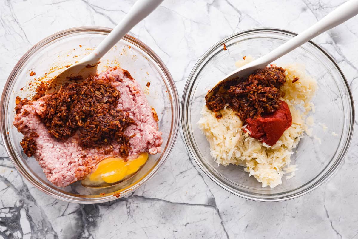 Hungarian cabbage rolls are packed with rich, hearty flavors in every bite! I know you love a good cabbage roll and can’t get enough of my Hungarian goulash, so I knew this recipe would be perfect. Overhead shot of two mixing bowls with different ingredients in each.