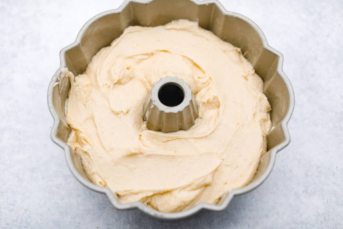 Overhead shot of the cake batter in the bundt pan. 