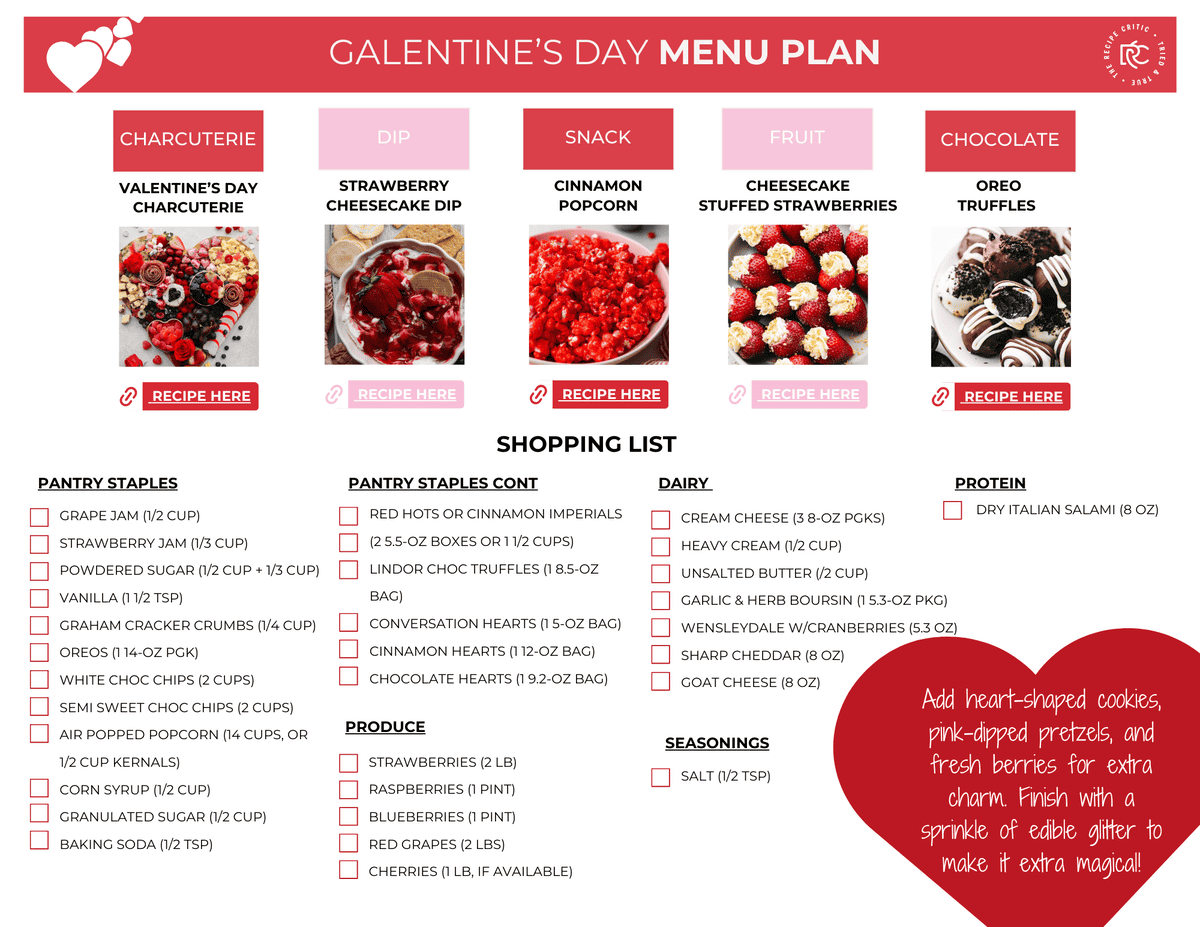 A pdf of a Galentine's Menu Plan and shopping list. 