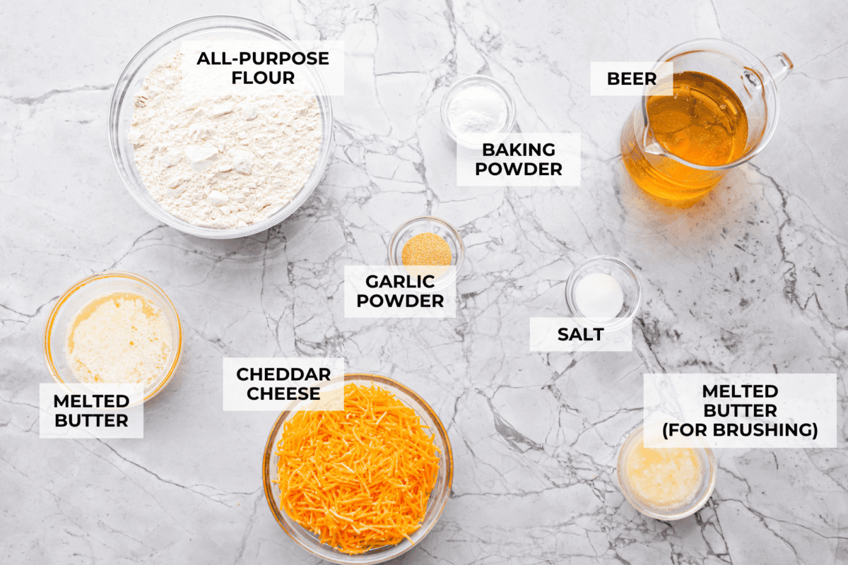 Overhead shot of labeled ingredients. 