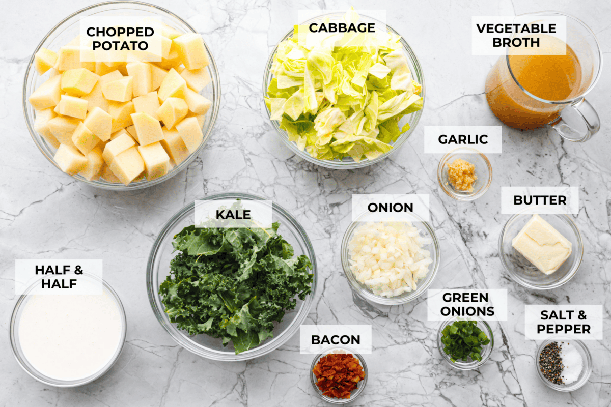 Overhead shot of labeled ingredients. 