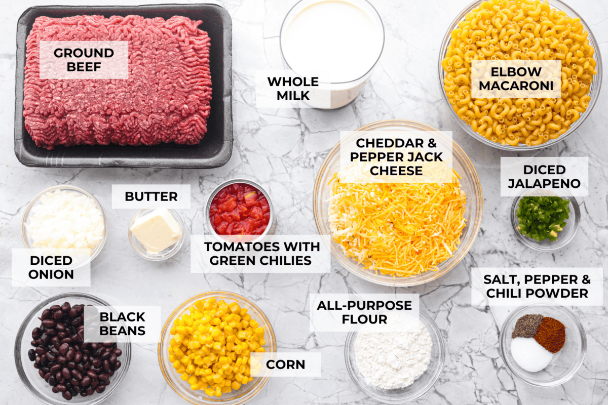 Overhead shot of labeled cowboy mac and cheese ingredients. 