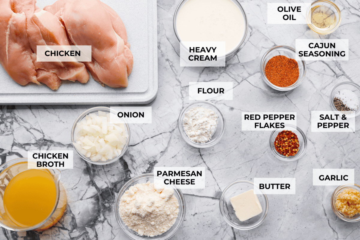 Overhead shot of labeled ingredients. 