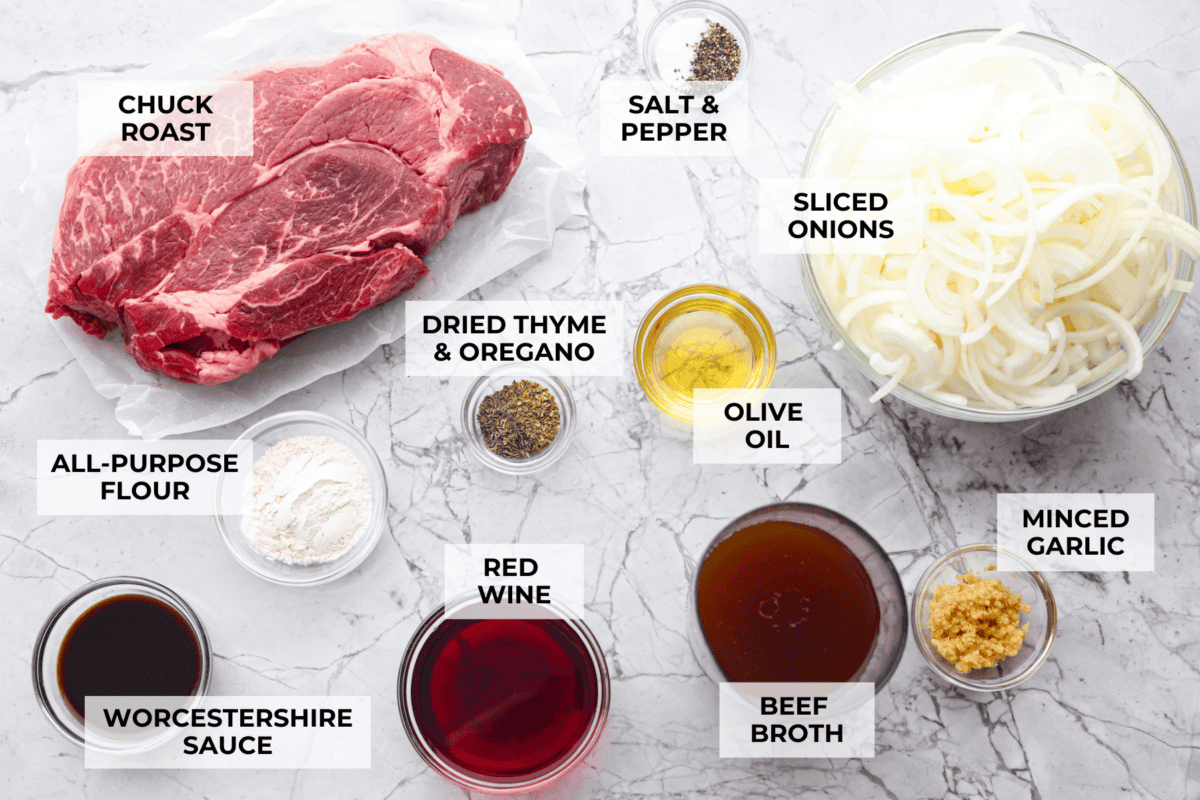 Overhead shot of labeled ingredients. 