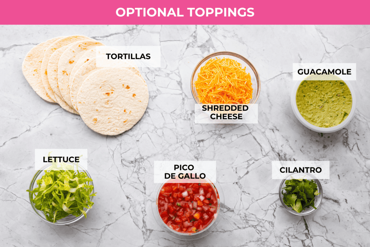 Overhead shot of labeled topping option ingredients. 