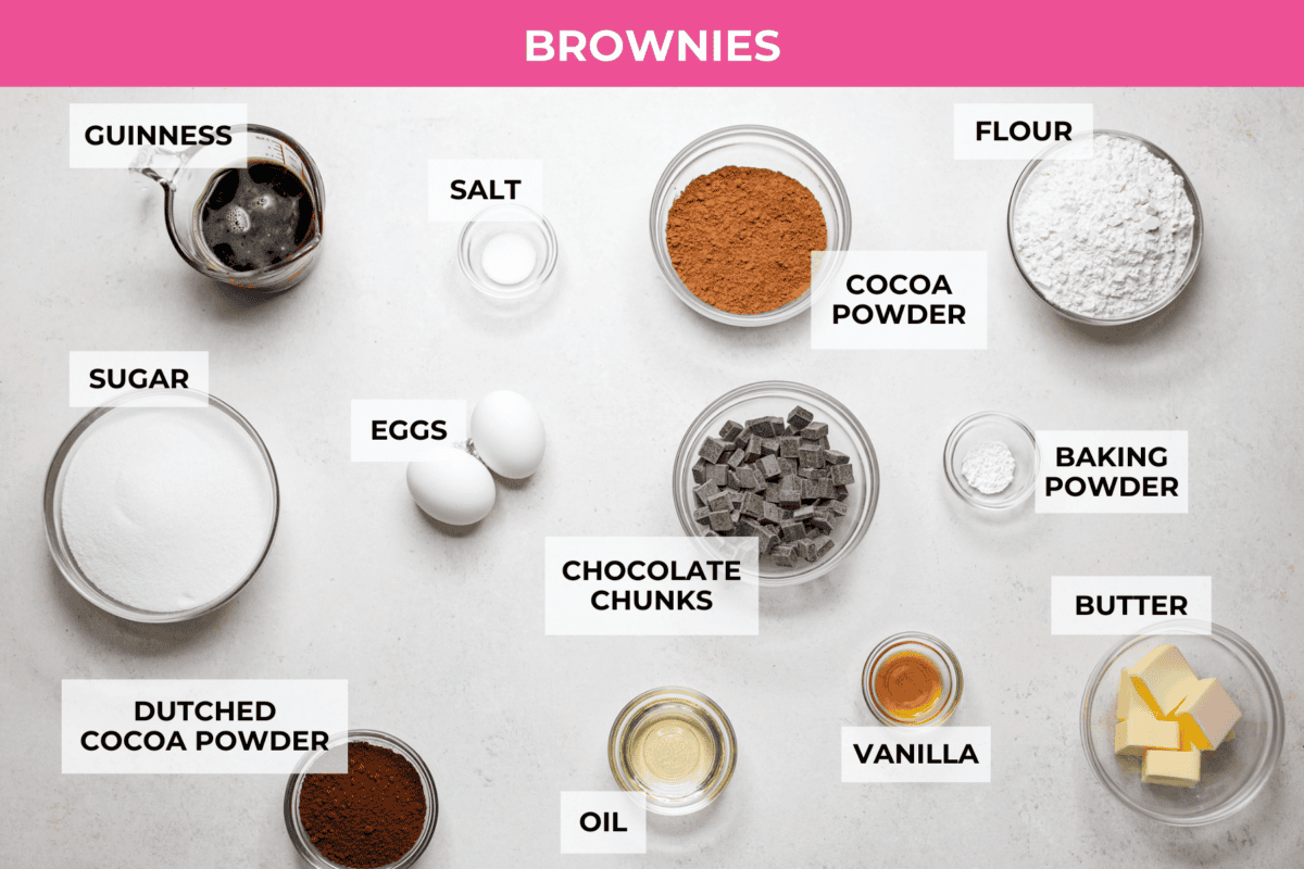 Overhead shot of labeled brownie ingredinets. 