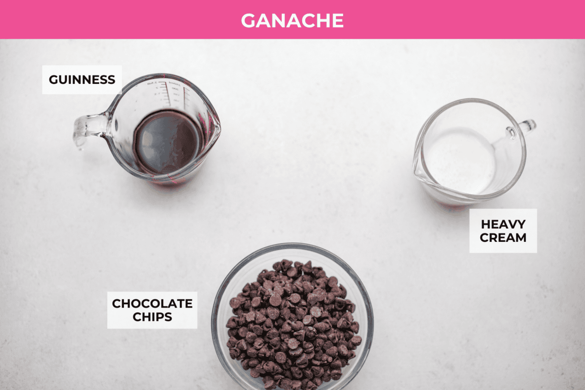 Overhead shot of labeled ganache frosting ingredients. 