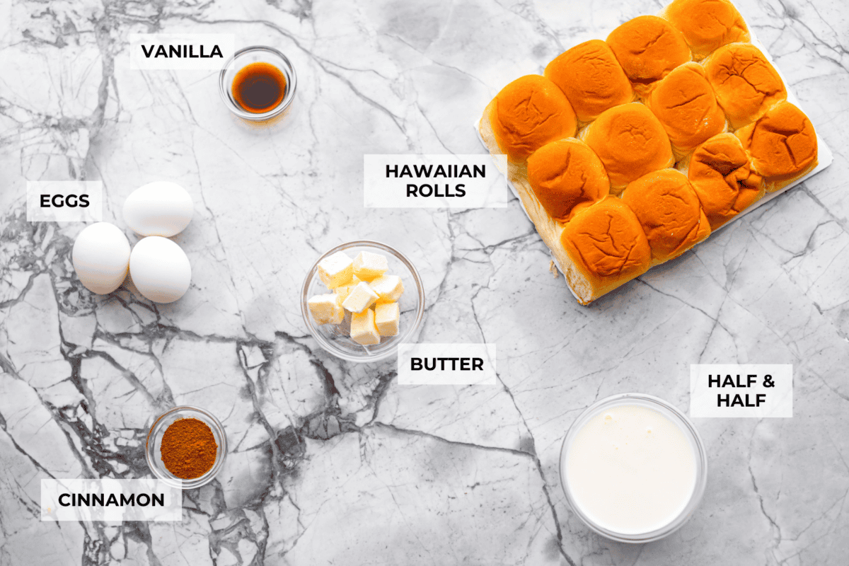 Overhead shot of labeled ingredients. 