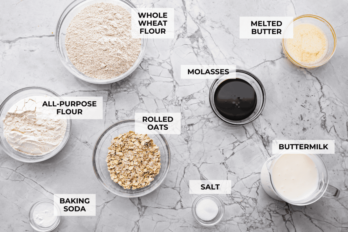 Overhead shot of labeled ingredients. 