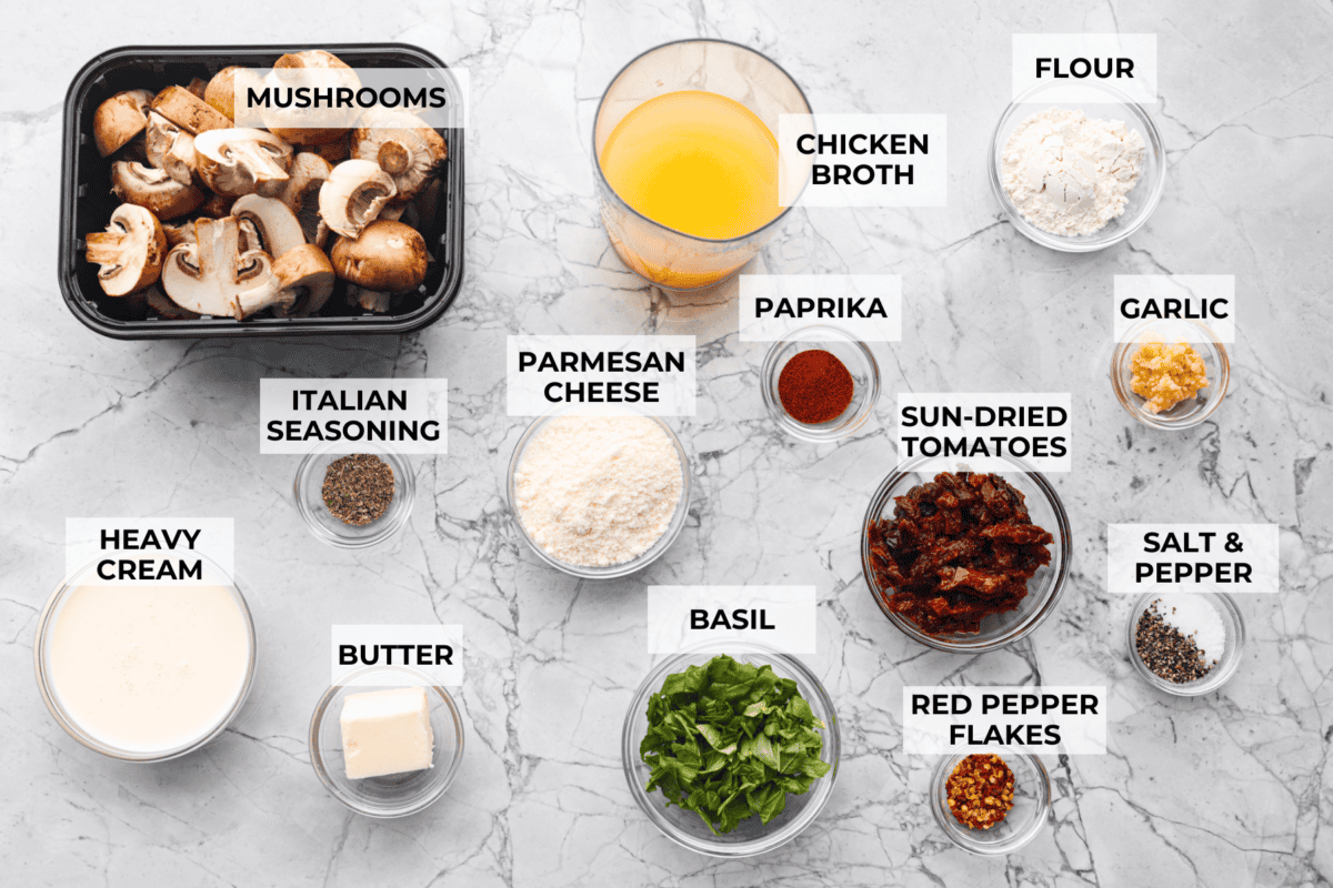 Overhead shot of labeled ingredients. 