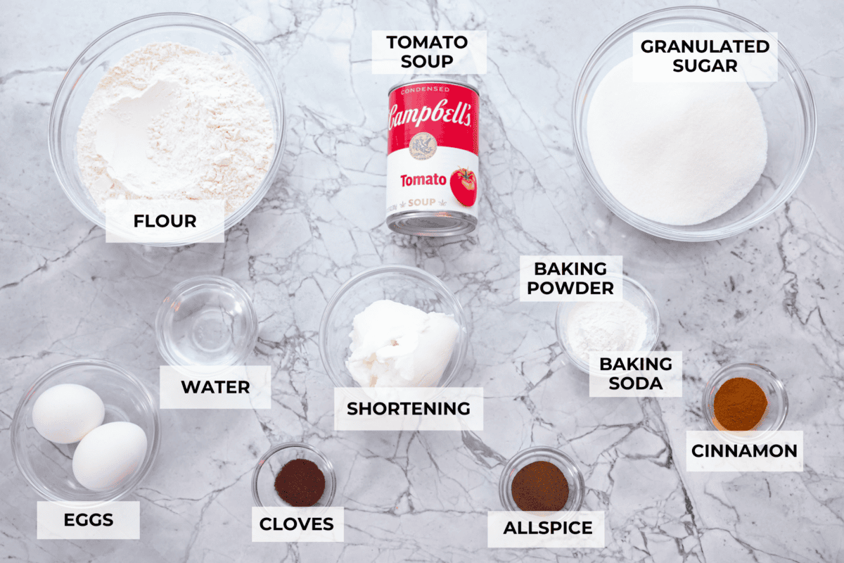 Overhead shot of labeled ingredients. 