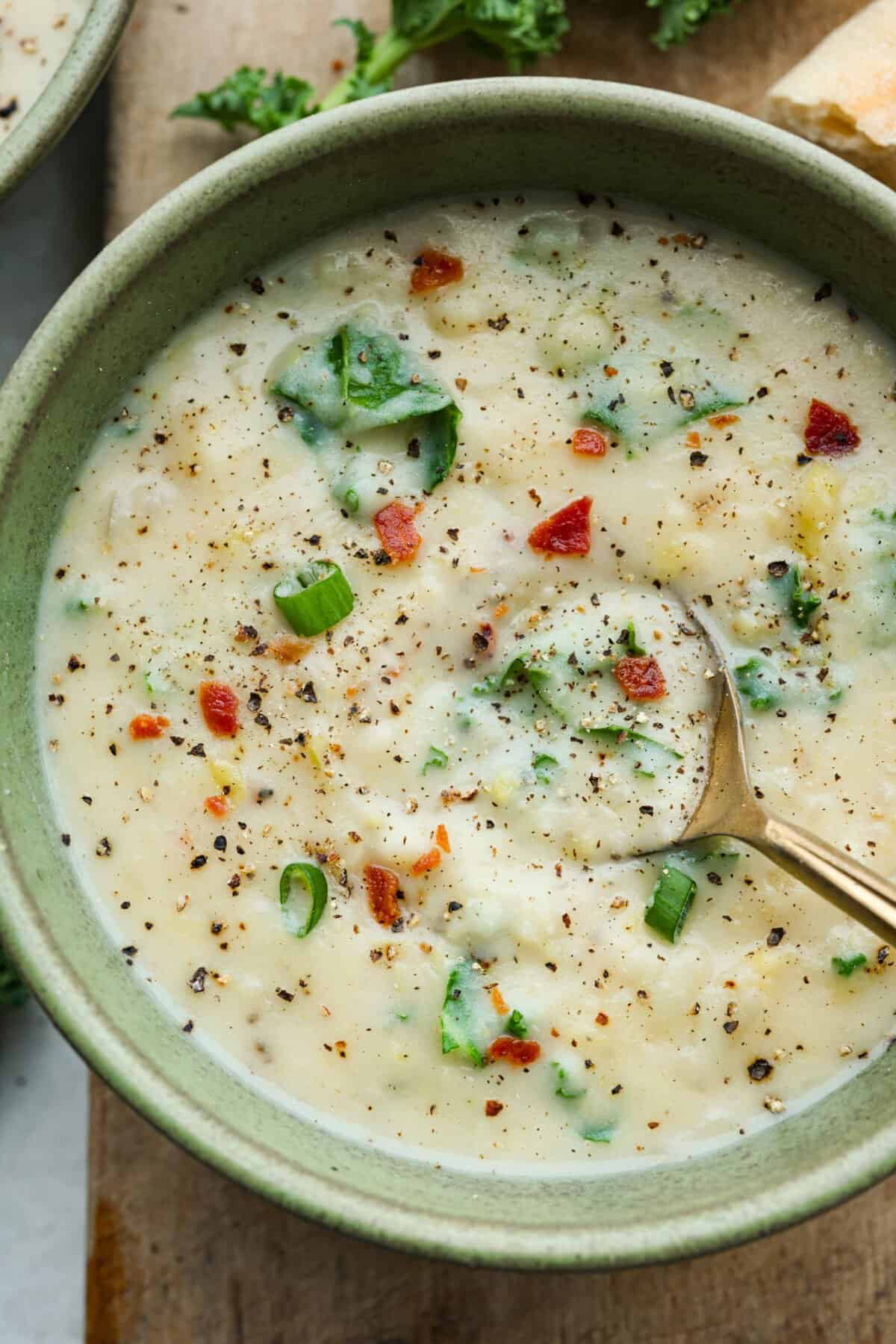 Overhead shot of a bowl of colcannon soup.