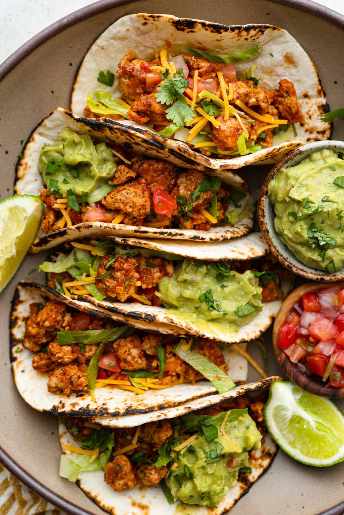 Overhead shot of ground turkey tacos. 