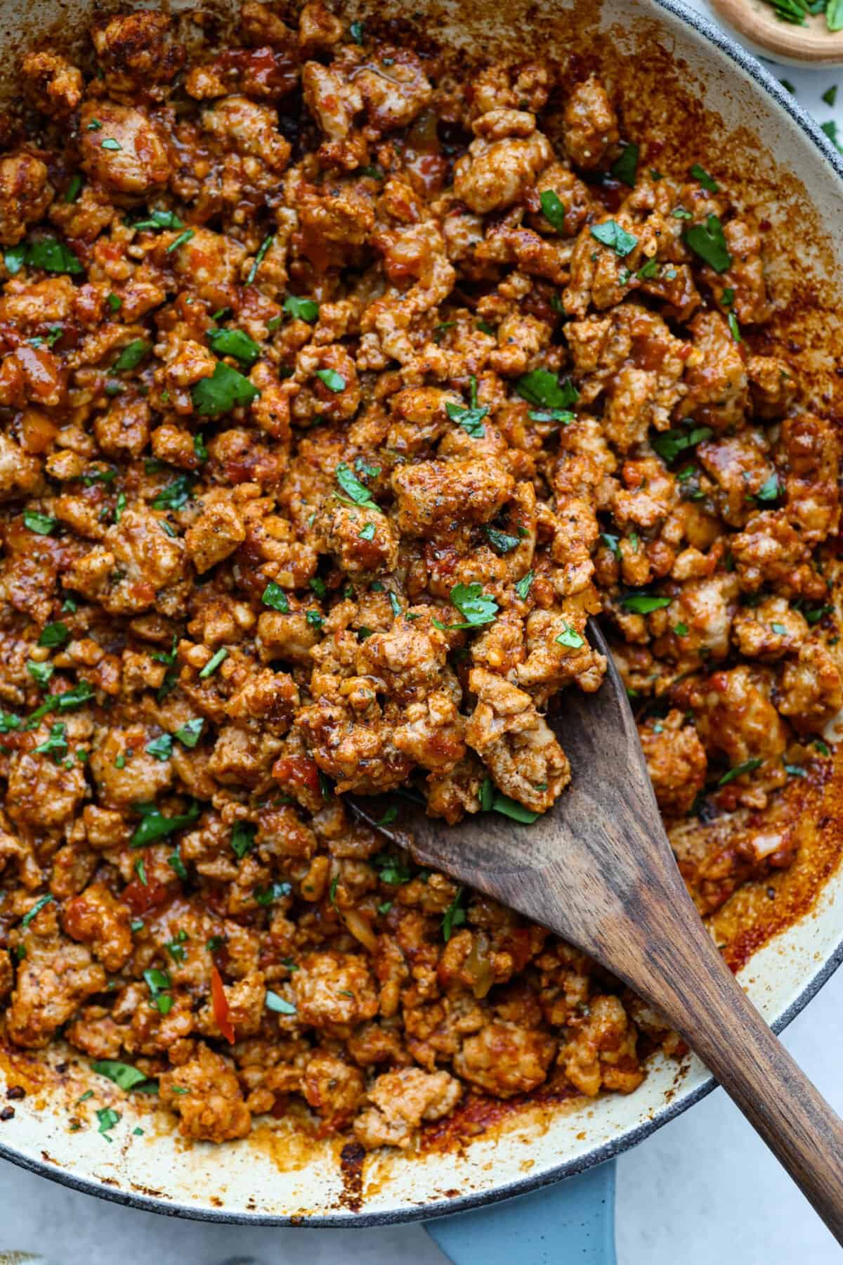 Overhead shot of cooked ground turkey meat. 