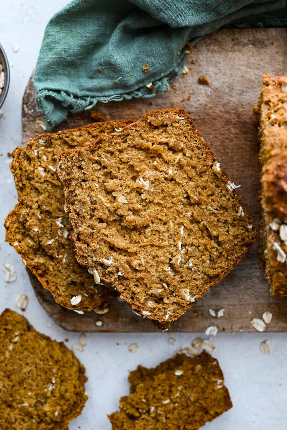 Overhead shot of sliced Irish brown bread on a cutting board. 