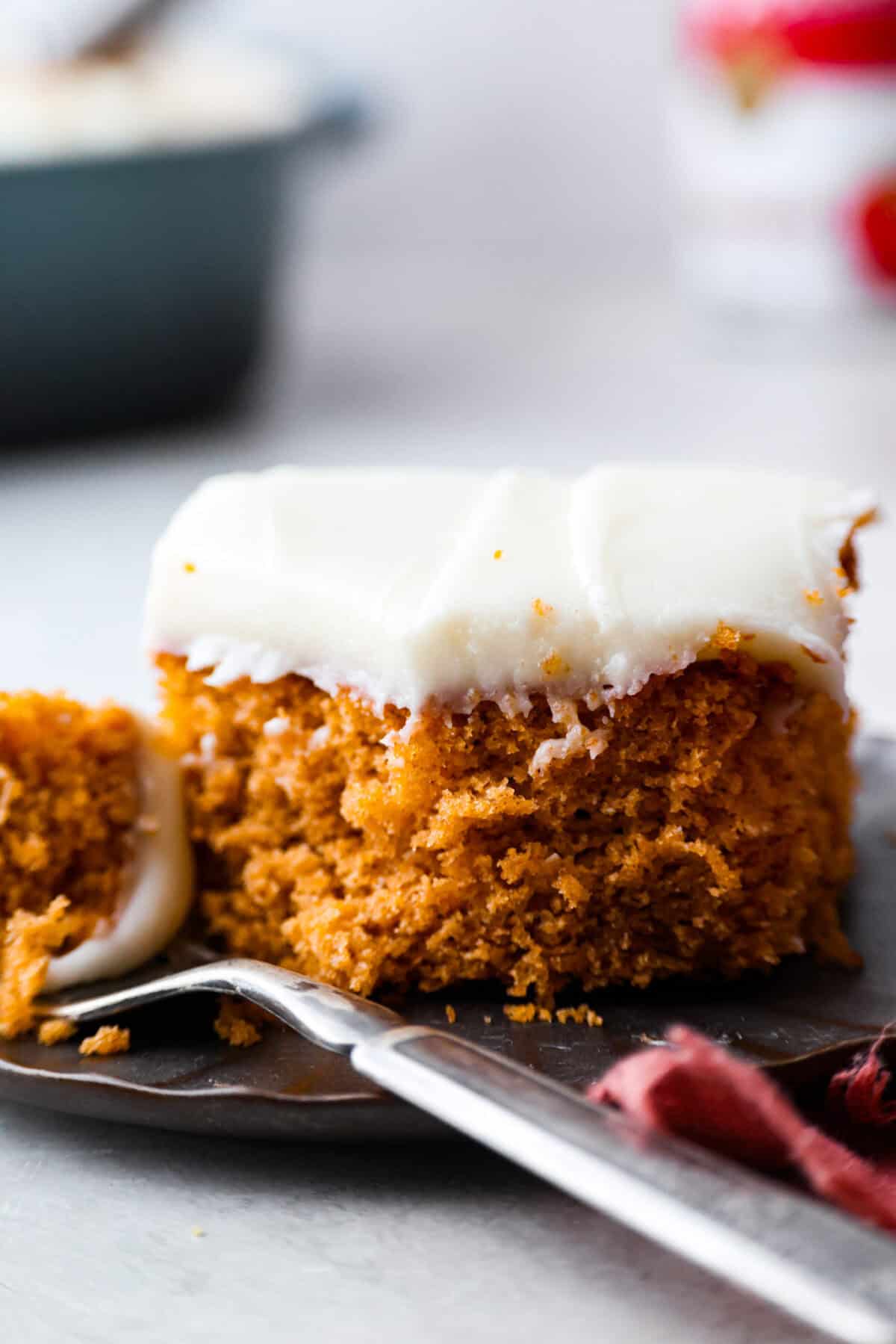 Close up shot of a slice of tomato soup cake. 