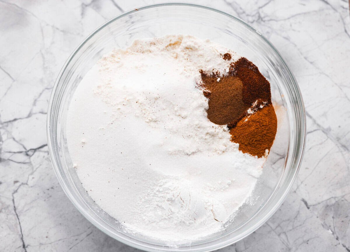 Overhead shot of dry ingredients in a bowl. 