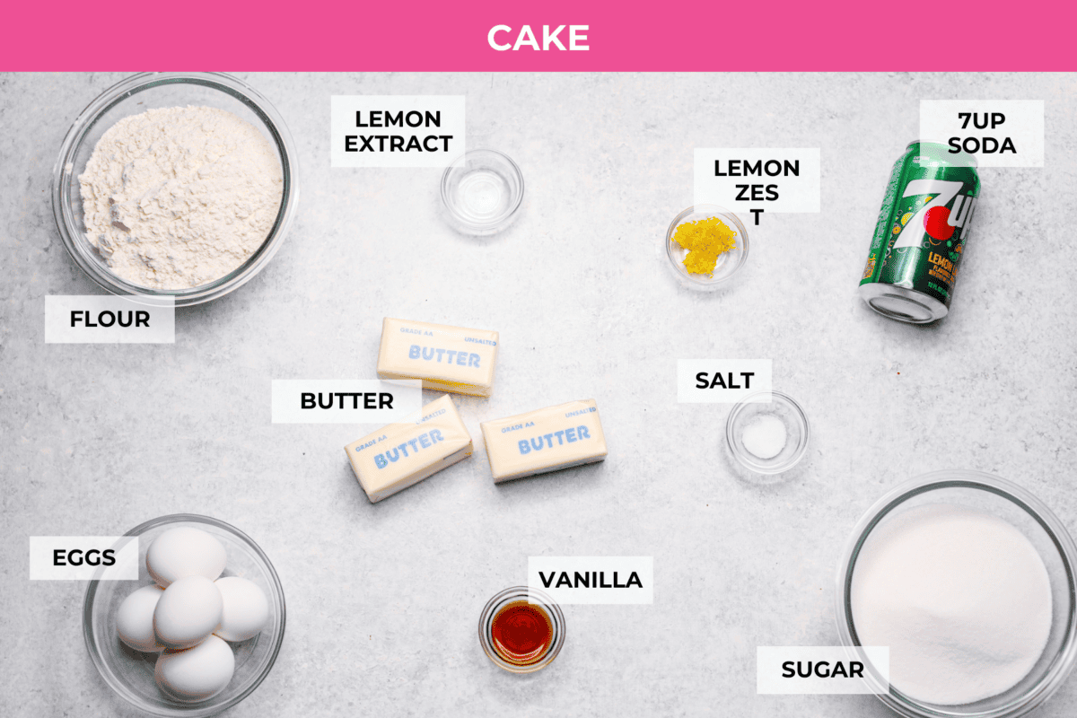 Overhead shot of labeled 7UP cake ingredients. 