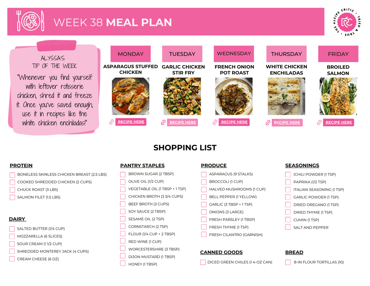 A pdf of a meal plan and a shopping list. 