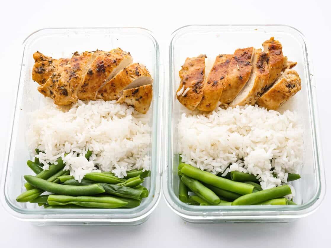 Chicken and rice meal prep bowls ready to go. 