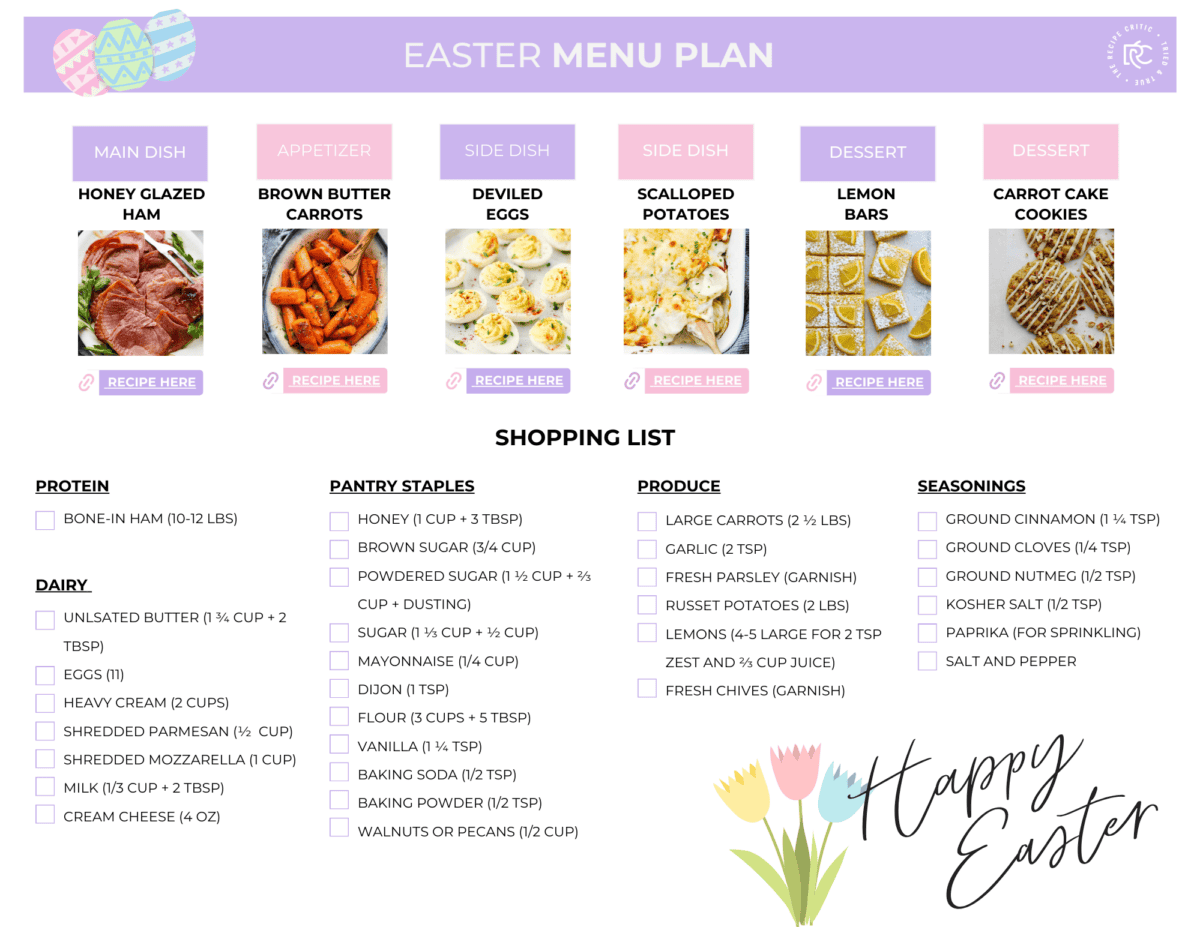 Easter is one of my favorite holidays to cook for—ham, veggies, and all the fun egg dishes! This menu plan makes it super easy, so you can enjoy the day without the stress.
