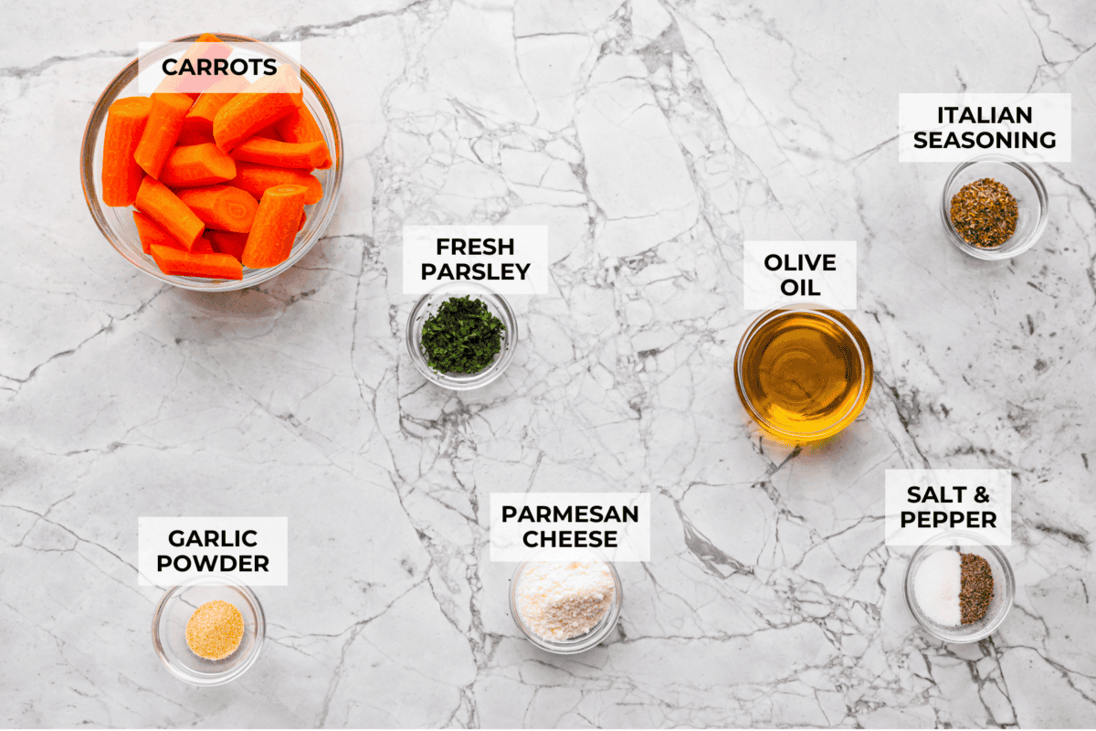 A top down shot of all of the ingredients labeled and in individual bowls. 