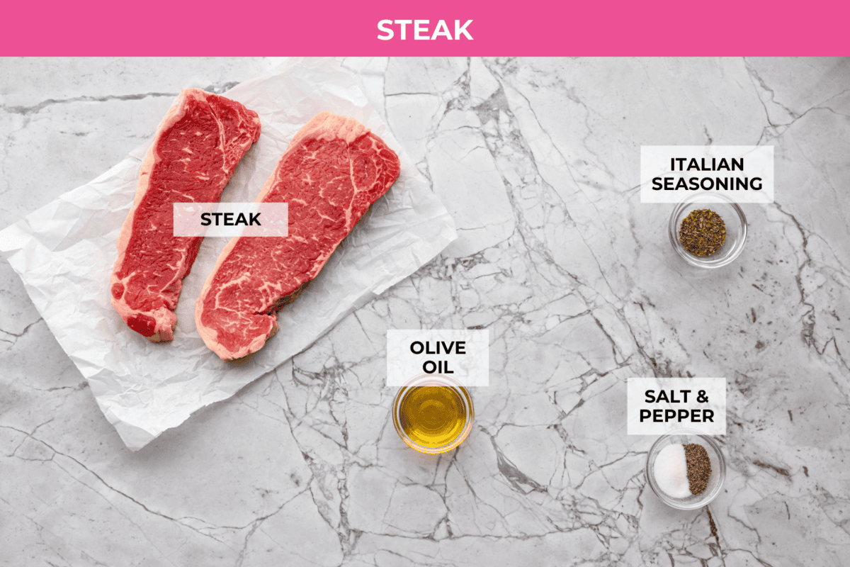 Overhead shot of labeled steak ingredients. 