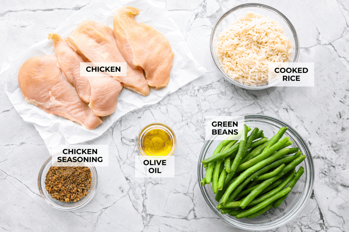 Overhead shot of labeled ingredients.