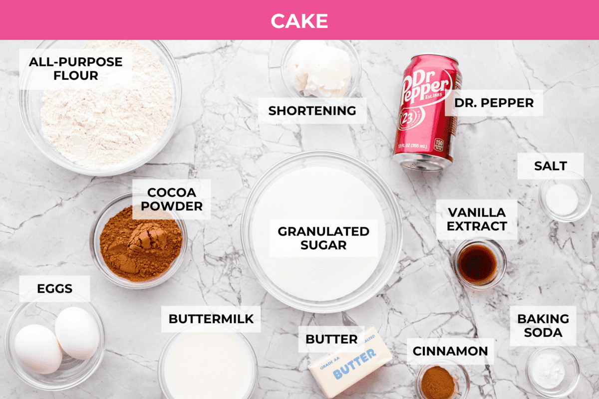 Dr. Pepper Texas Sheet Cake is what happens when your favorite fizzy drink meets rich, fudgy chocolate cake, and it’s magic! The Dr. Pepper deepens the sweetness and gives the cake this warm, almost cherry-fudge vibe that’s totally irresistible. Overhead shot of labeled Dr. Pepper sheet cake ingredients.