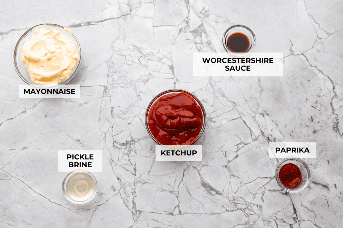 Overhead shot of labeled ingredients. 
