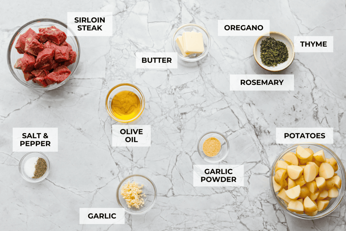 Overhead shot of labeled ingredients. 