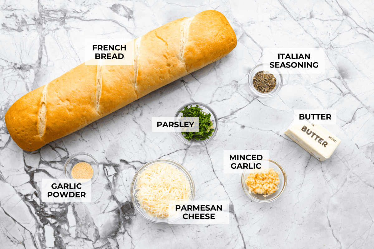 Overhead shot of labeled ingredients. 