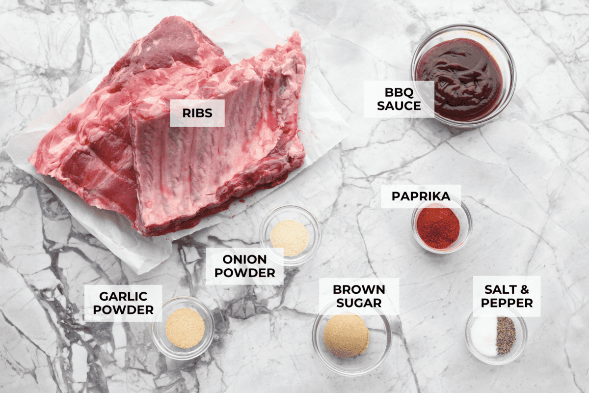 Overhead shot of labeled ingredients. 