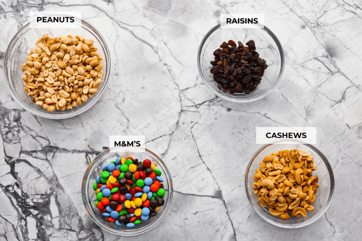Overhead shot of labeled ingredients