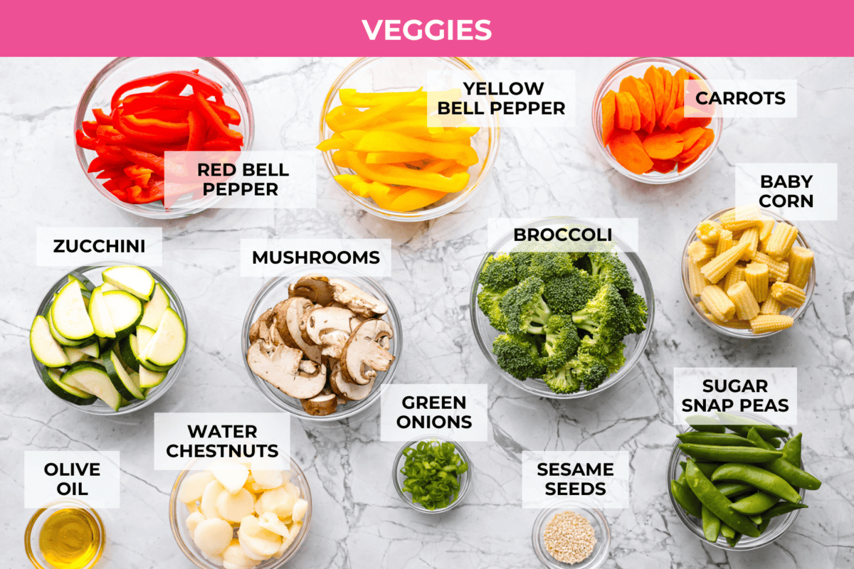 Overhead shot of labeled veggies ingredients. 