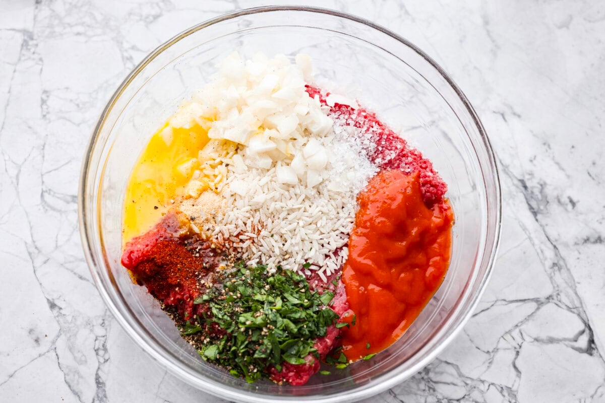 Meatball ingredients all in combined in a bowl. 
