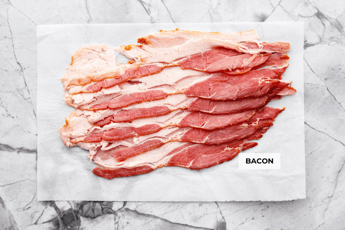 Overhead shot of labeled ingredients. 