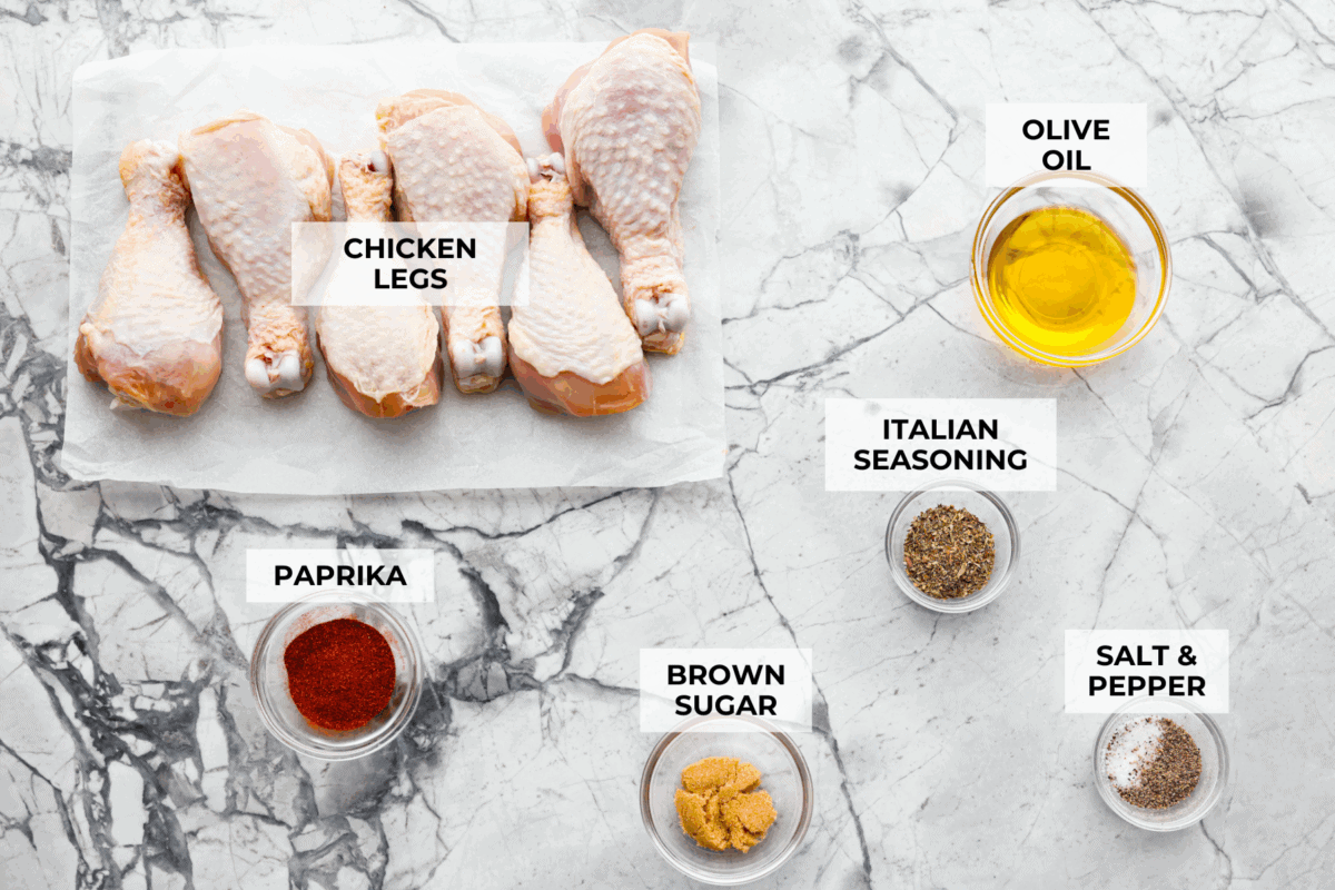 Overhead shot of labeled ingredients. 