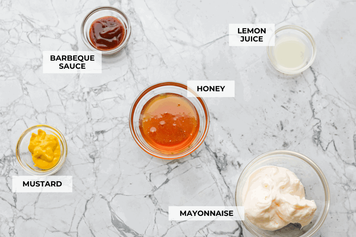 Overhead shot of labeled ingredients. 