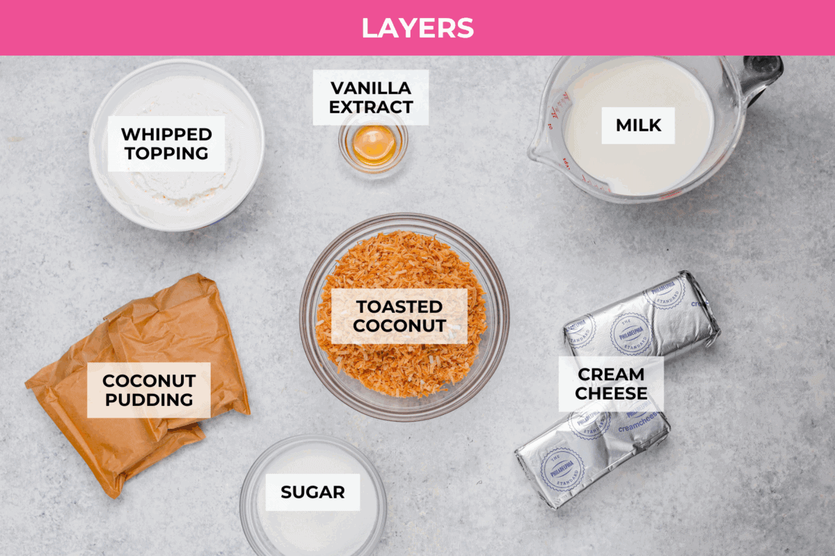 My Dad LOVES coconut cream pie! When I don't have it in me to make a pie, I make this easy Coconut Lush dessert! It’s rich, dreamy, and always the first dessert to disappear at family gatherings. Overhead shot of labeled coconut lush dessert layers ingredients.