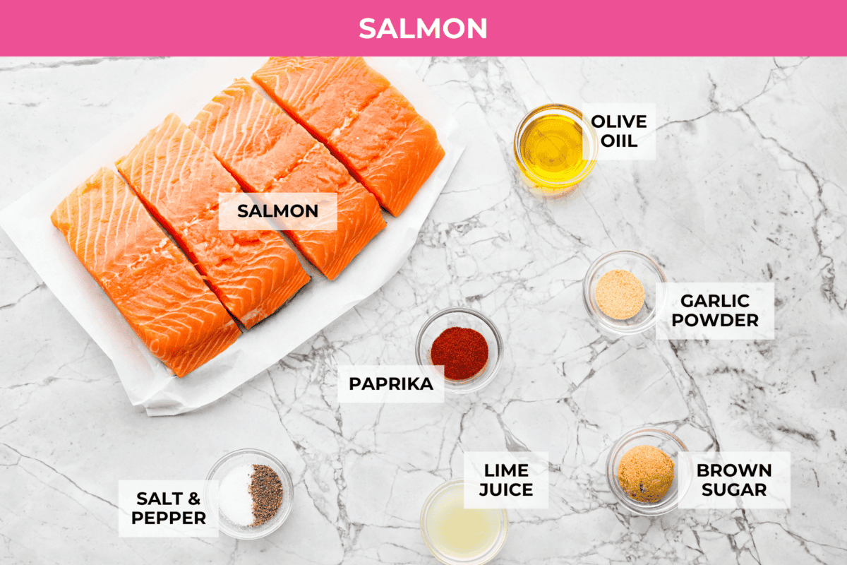 I'm obsessed with salmon, and this Mango Salsa Salmon might be my new favorite! It’s quick, flavorful, and my kids will actually eat it! The fresh salsa is so good! Overhead shot of labeled salmon ingredients.
