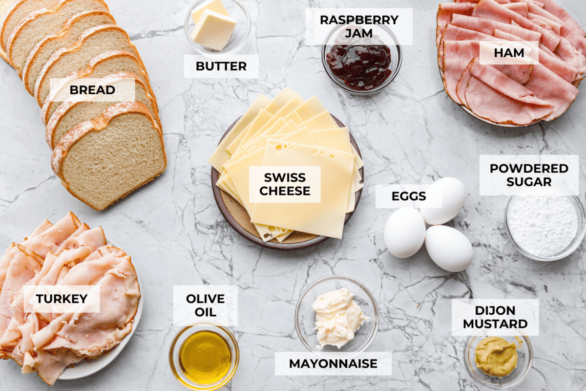 Overhead shot of labeled Monte Cristo ingredients. 