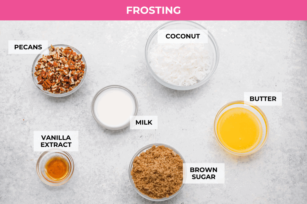 Overhead shot of labeled oatmeal cake frosting ingredients. 