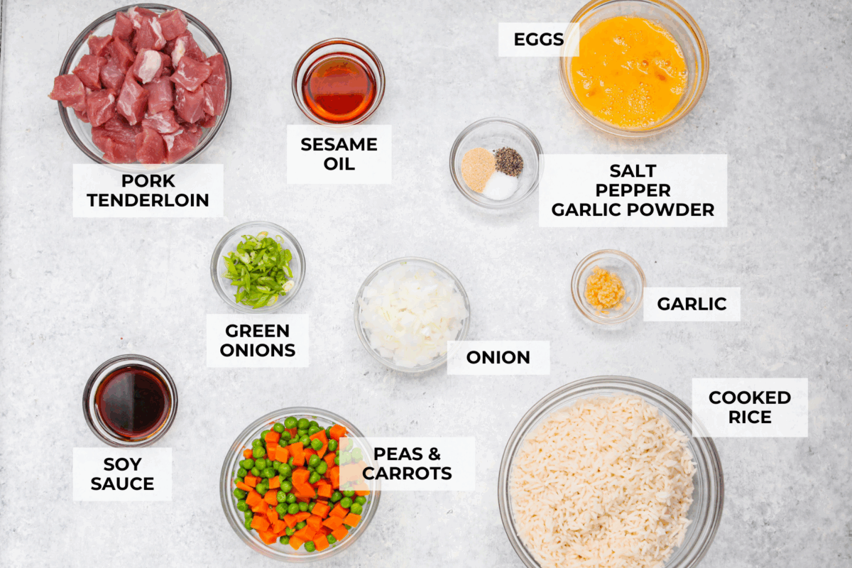 Overhead shot of labeled ingredients. 