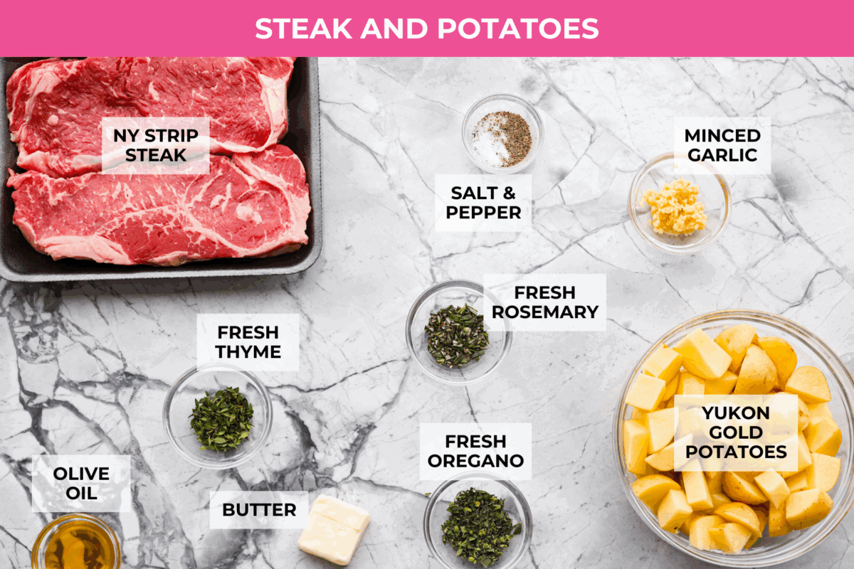 Overhead shot of skillet steak and potatoes ingredients.