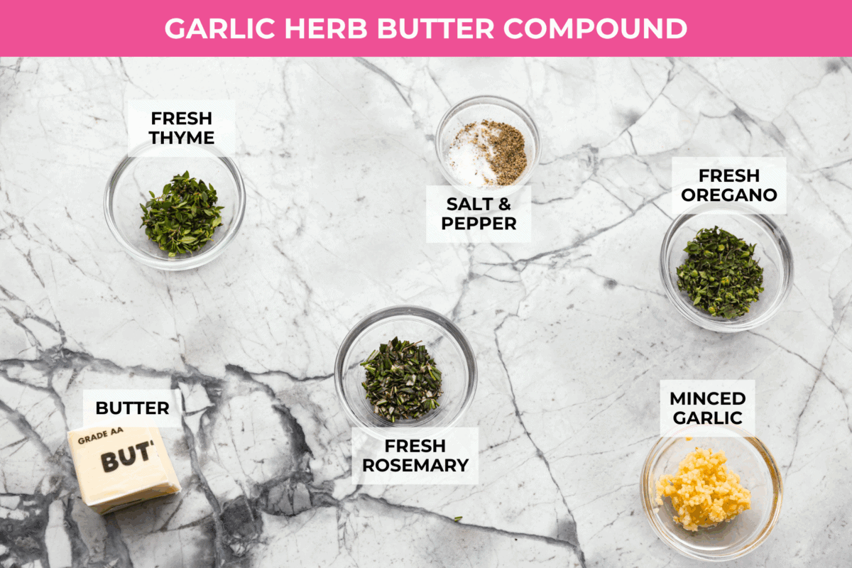 Overhead shot of labeled garlic herb butter compound ingredients. 