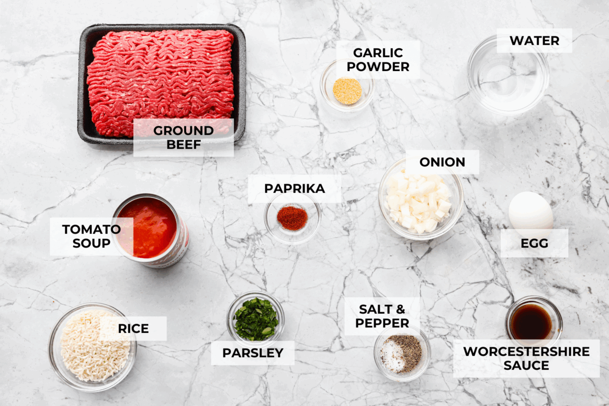 Overhead shot of labeled ingredients. 