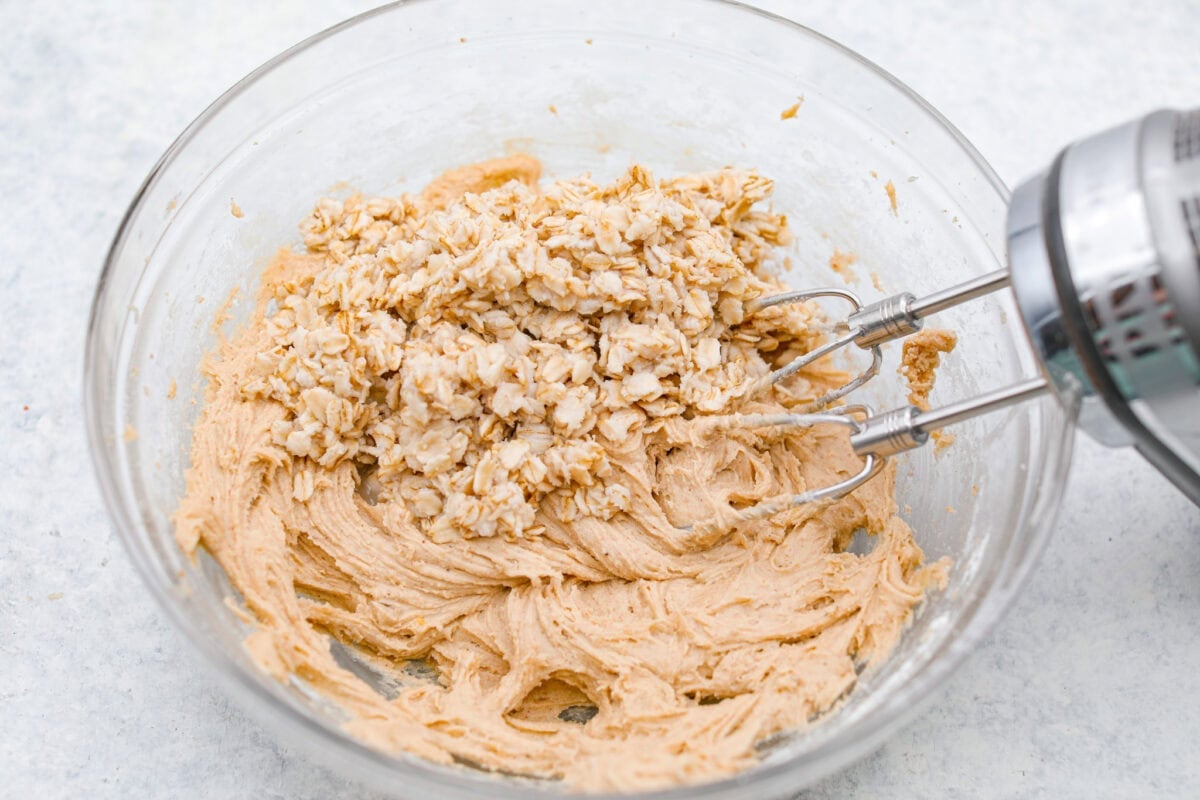 Dry and wet ingredients mixed together and the soaked oats on top of the mixture. 