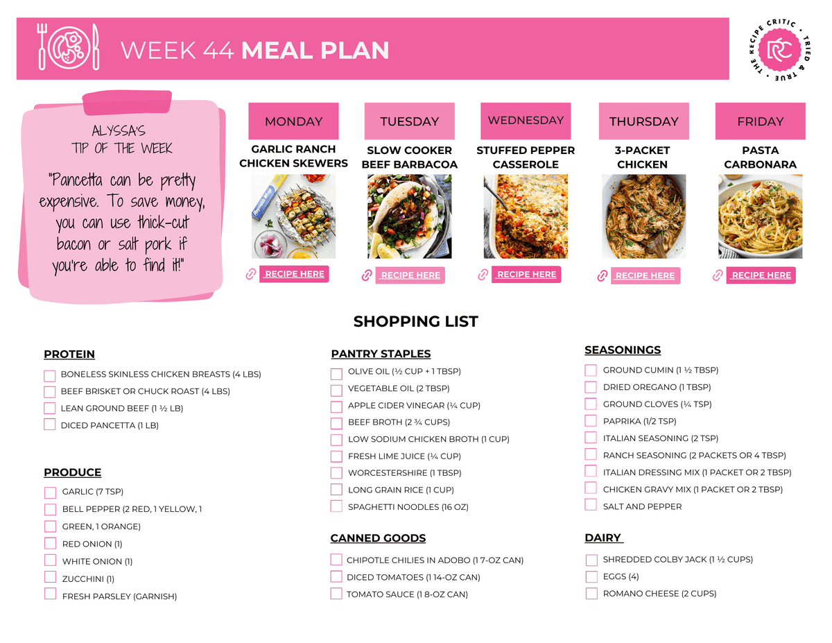 This week’s meal plan is all about keeping things simple and delicious! I’ve rounded up a fresh batch of easy-to-make dinners that’ll make your weeknight cooking a breeze. These are the kind of meals your whole crew will devour—yes, even the picky ones! A pdf of a shopping list and meal plan